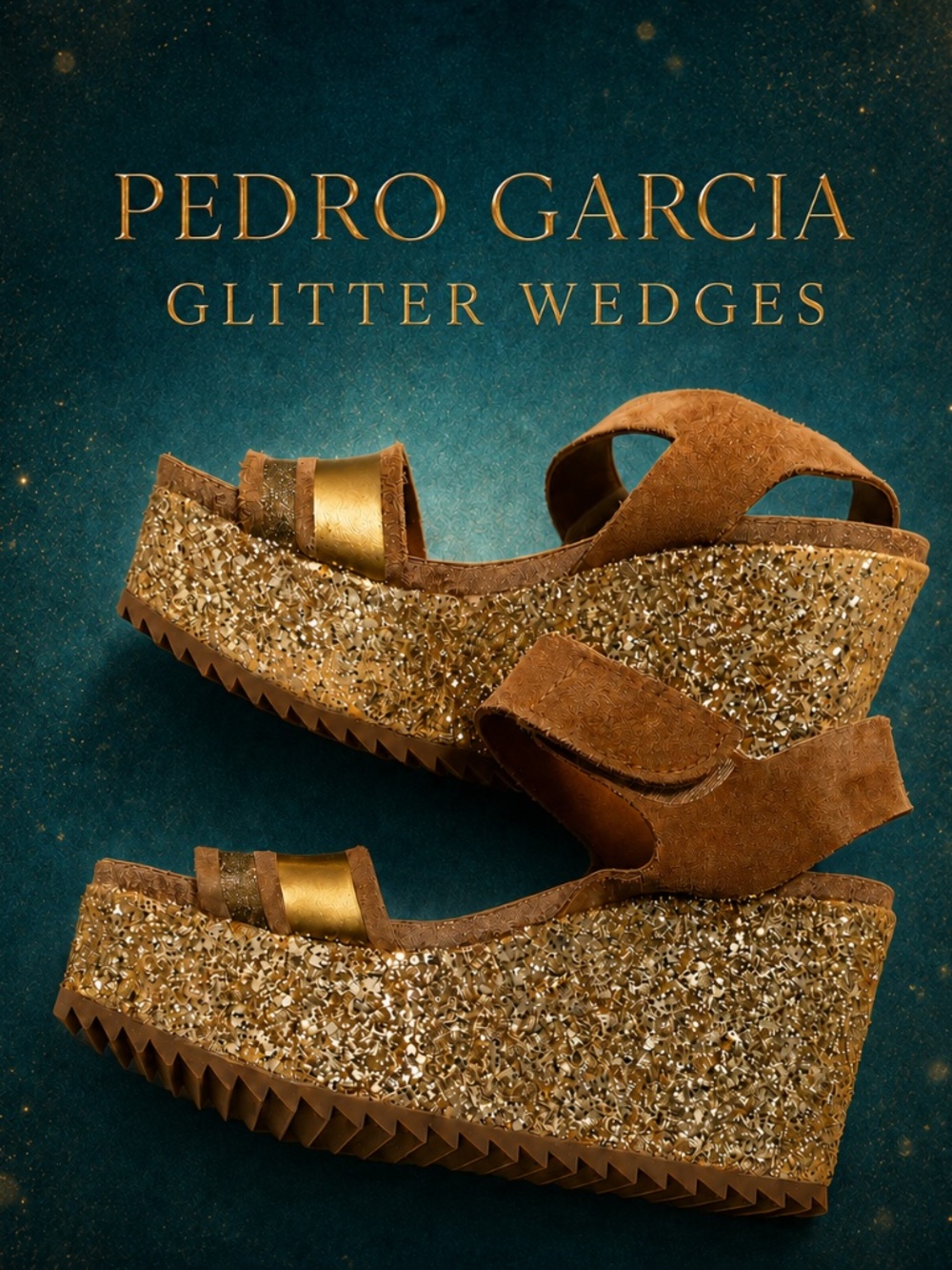 Pedro Garcia Brown and Gold Glitter Wedge Sandals size 9